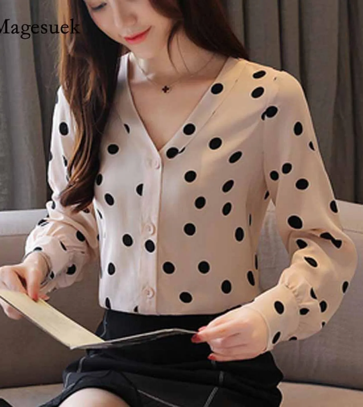 Cardigan con bottoni da donna Camicetta da donna Autunno Office Lady Manica lunga con scollo a V a pois Camicia in chiffon Top B
